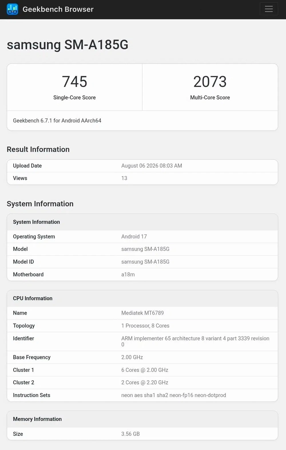 Samsung Galaxy A18 LTE özellikleri (Geekbench)