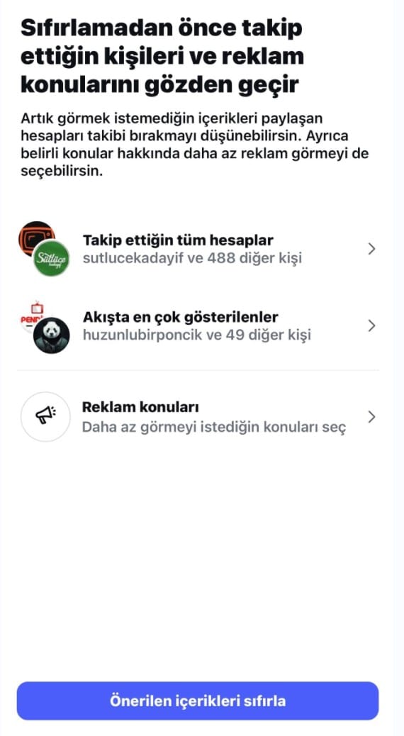 Instagram keşfet sıfırlama