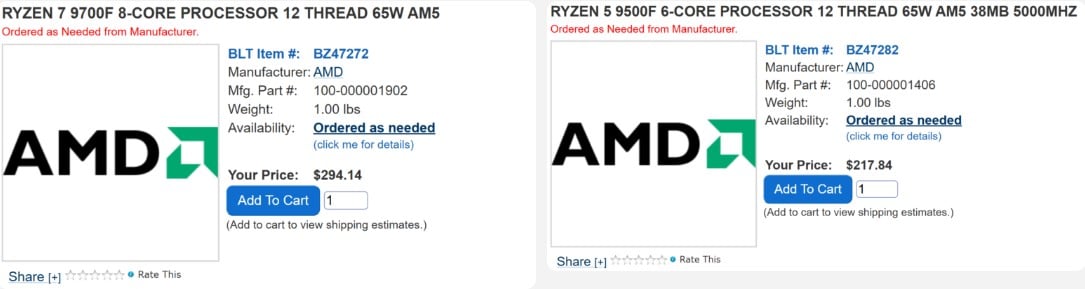 AMD Ryzen 9700F ve Ryzen 9500F