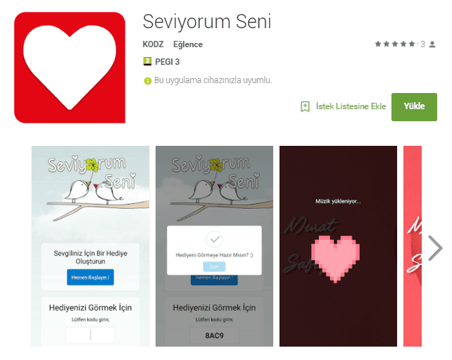 Sevgililer Günü İçin Seviyorum Seni Uygulaması Android'de