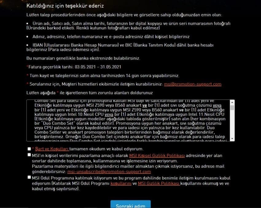MSI Z590 ve B560 para iadesi kampanyası