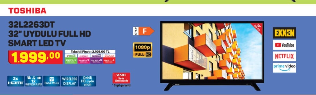 Toshıba 33L22663DT 32 İnç Full HD Smart LED TV