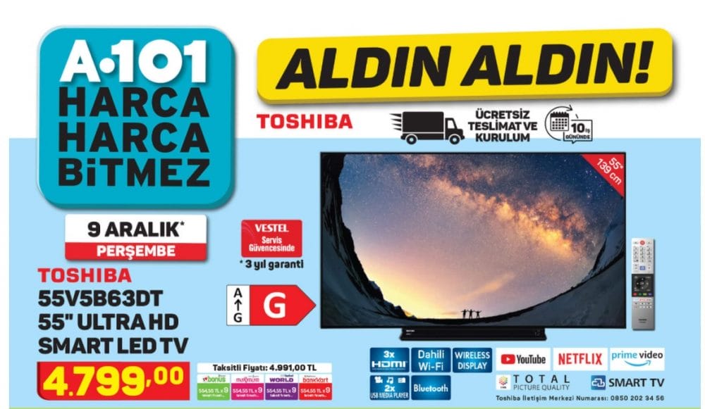 Toshıba 55V5B63DT 55 inç Ultra HD Smart LED TV