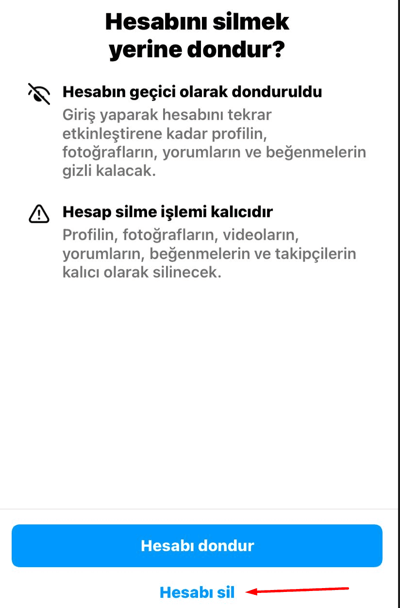 Instagram hesap silme