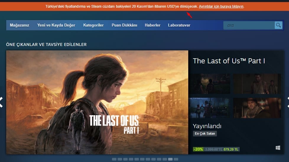 Steam’de dolar kuruna geçiş