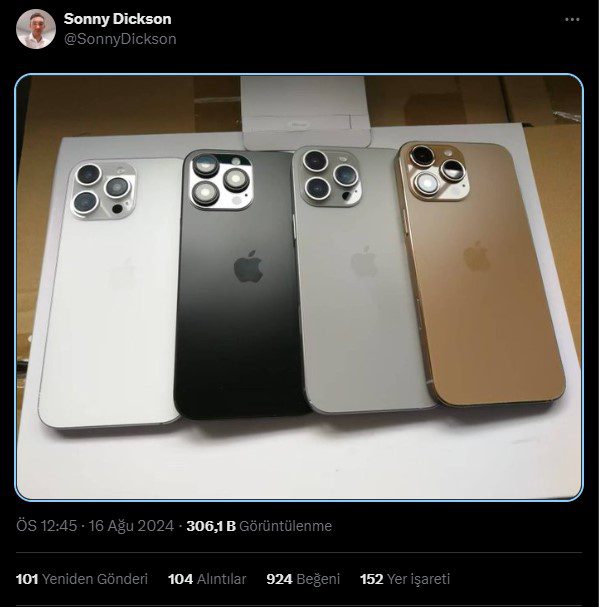 iPhone 16 Pro renk seçenekleri sızıntısı. 4 yeni renk seçeneği var.