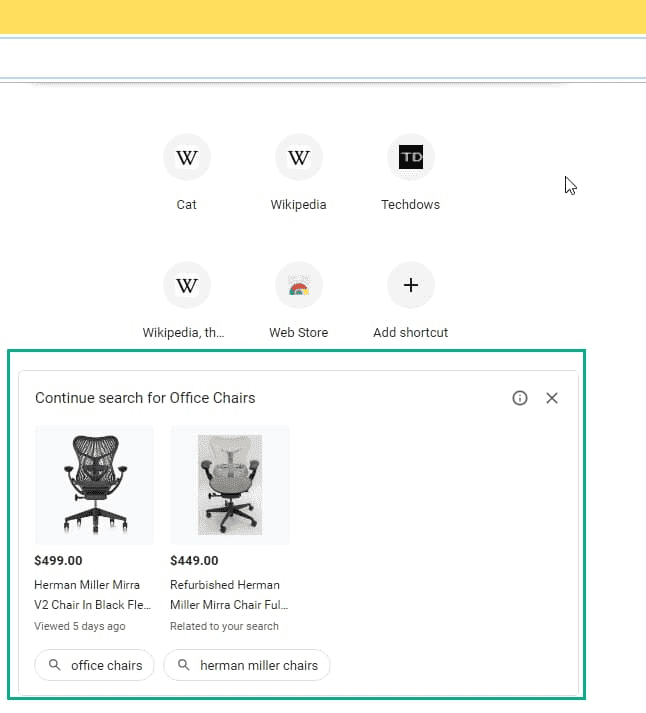 Google, Chrome'un "Yeni Sekme" Sayfasında Alışveriş Reklamlarını Test Ediyor continue search for office chairs ad Chrome NTP - PC Hocası