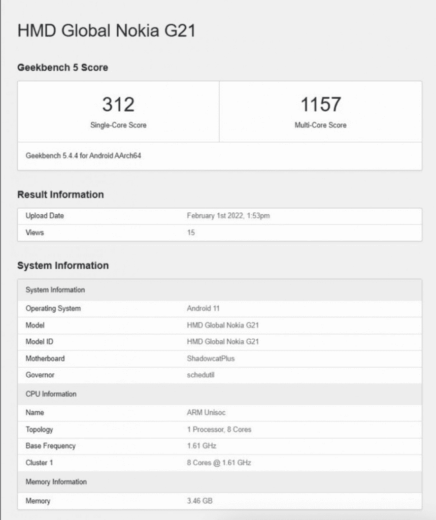 Nokia G21, Geekbench'te Ortaya Çıktı! Ekran Resmi 2022 02 02 15.34.12 - PC Hocası