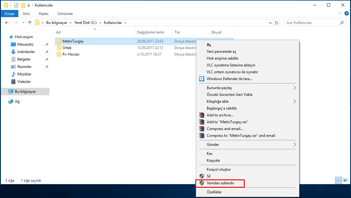 Windows 10 kullanıcılar klasörü isim değiştirme