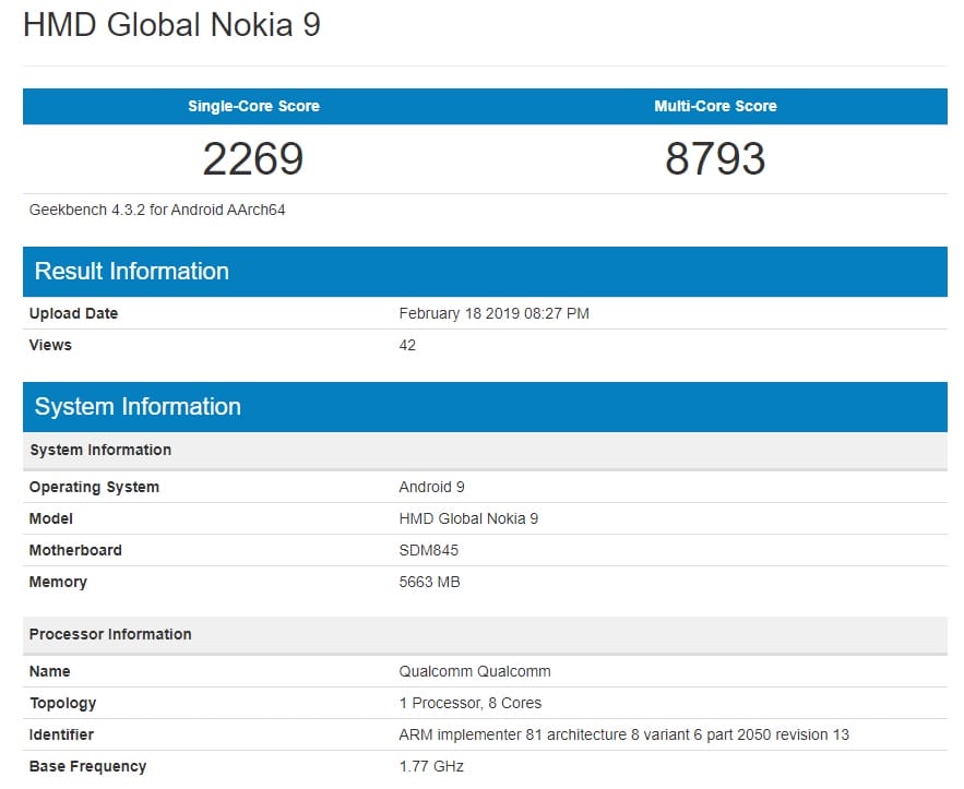 Nokia 9 Geekbench - PC Hocası