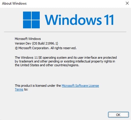 Windows 11 SE windows about