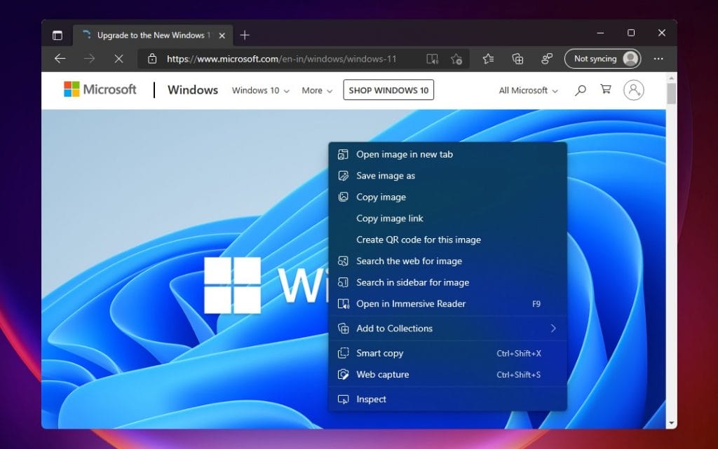 Microsoft Edge context menu