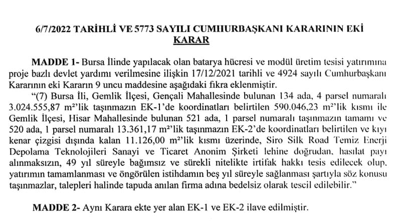 TOGG'un Fabrika Arazisi Devlet Tarafından Hibe Edilecek: Bir Kuruş Dahi Alınmayacak! Silk Road Temiz Enerji Depolama Teknolojileri A.Ş. resmi gazete karari - PC Hocası